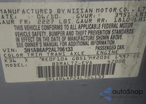 2010 Nissan Sentra 2.0S from USA, damaged, VIN 3N1AB6AP2AL706133